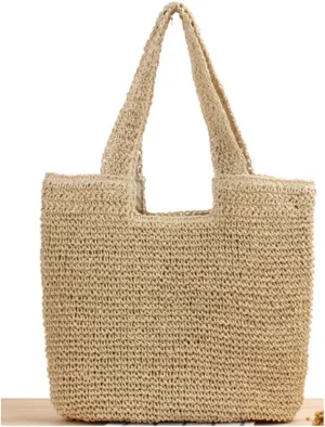 Retro Woven Straw Tote Bag for Women - Large Beach Bag with Zipper Closure, Shoulder & Hand Carry, Lightweight Boho Handbag
