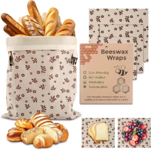 Reusable Beeswax Bread Bags&Beeswax Wraps for Food, Homemade Bread Storage to Keep Fresh, Organic, Sustainable, Biodegradable Food Storage Bag, Must-Have Baking Accessories