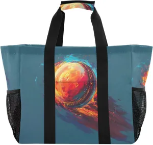 Reusable Grocery Bag Flaming Cricket Ball Large Shopping Bags Travel Tote Bag