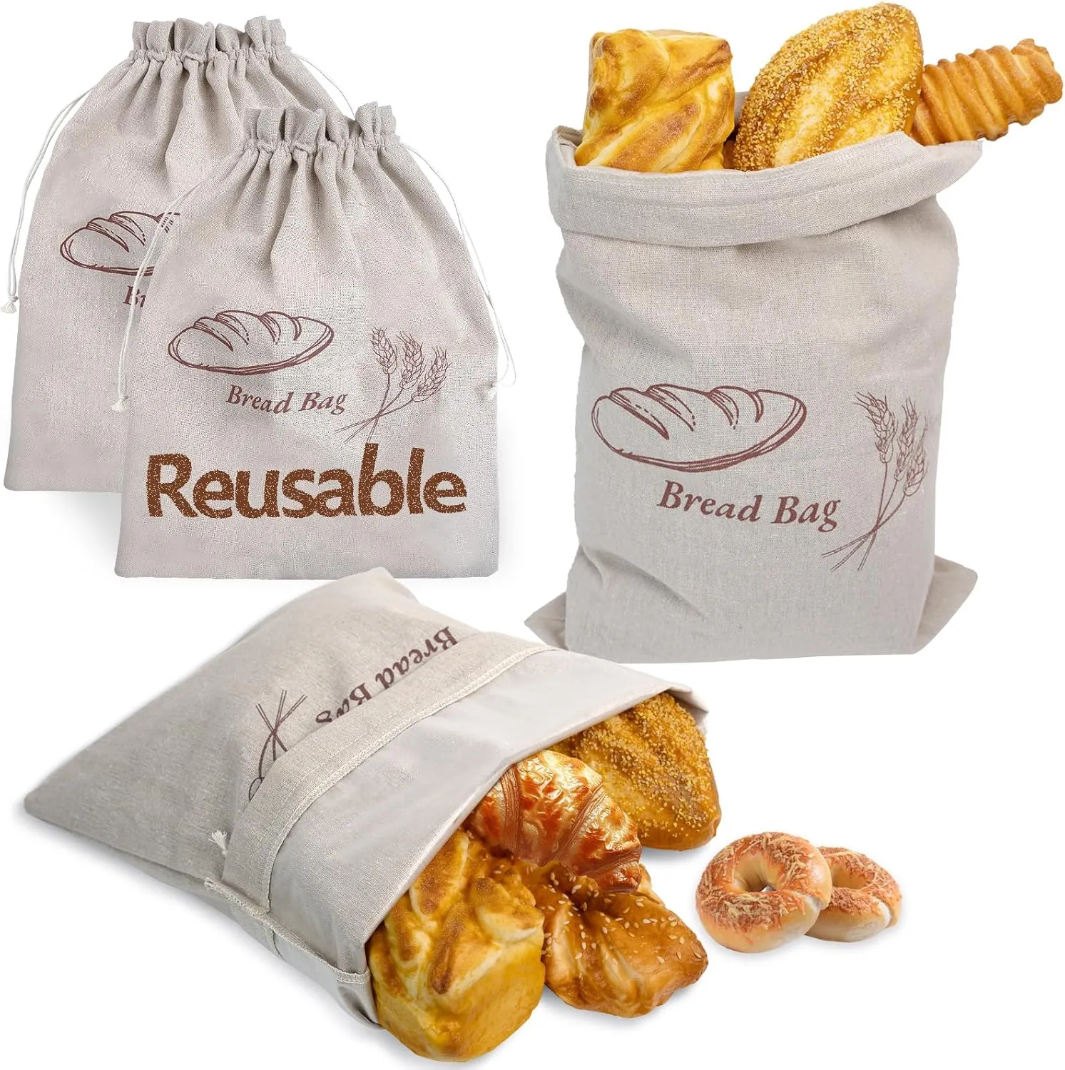 Reusable Linen Bread Bags for Homemade Bread Sourdough with Lnner Lining, Plastic Lined Breads Bag to Keep Fresh,2 Pack 12.8 x17.8 Inch, Cloth Saver Bag For Sourdough, Homemade Storage Plastic Linen