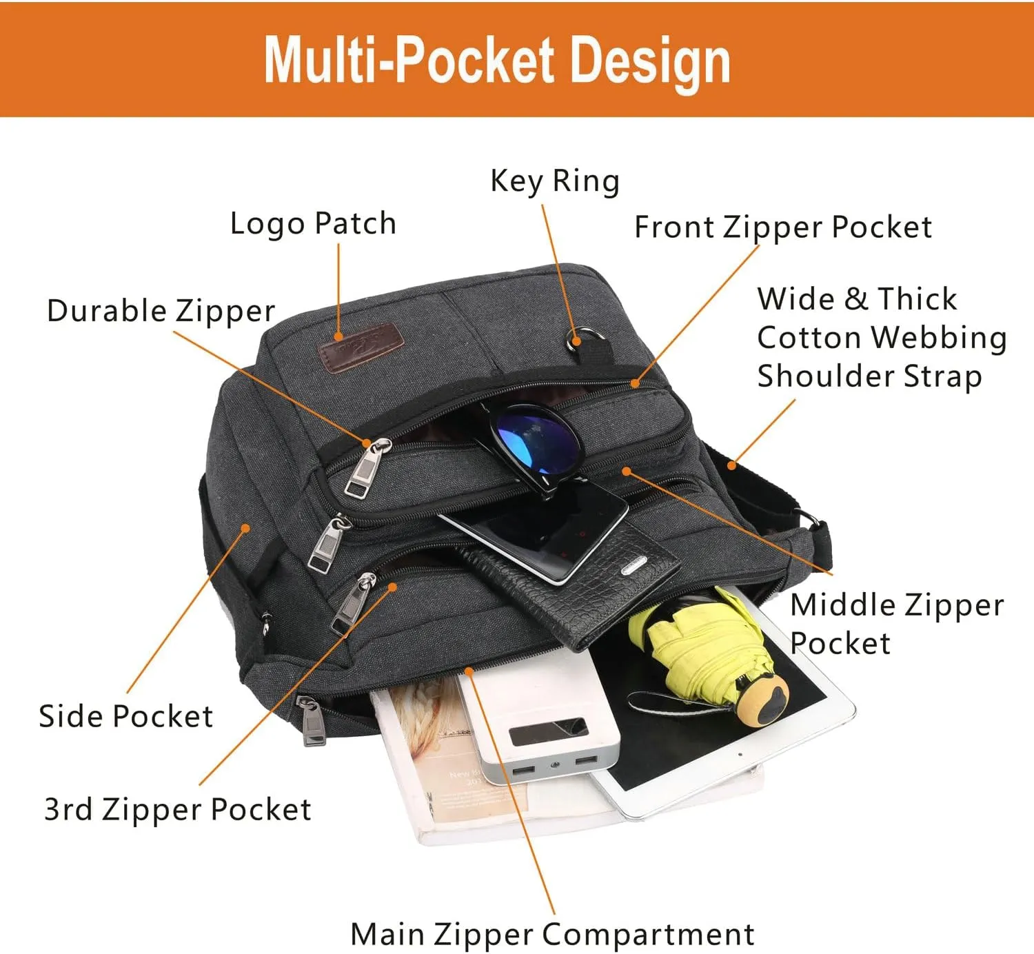 Rfid Crossbody Messenger Bag with Water Bottle Holders, 13 inch Laptop Shoulder Bag, Sling Satchel Purse w/Built-in Wallet