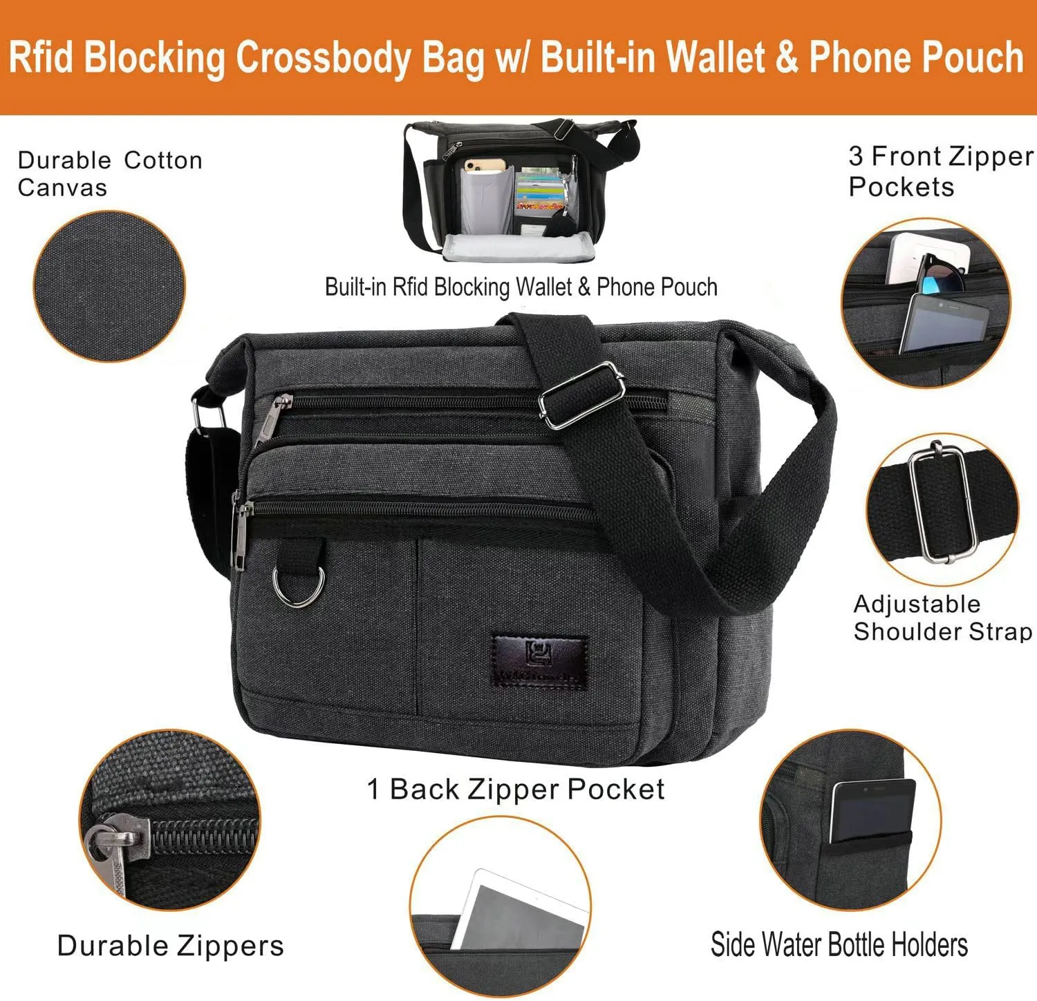 Rfid Crossbody Messenger Bag with Water Bottle Holders, 13 inch Laptop Shoulder Bag, Sling Satchel Purse w/Built-in Wallet