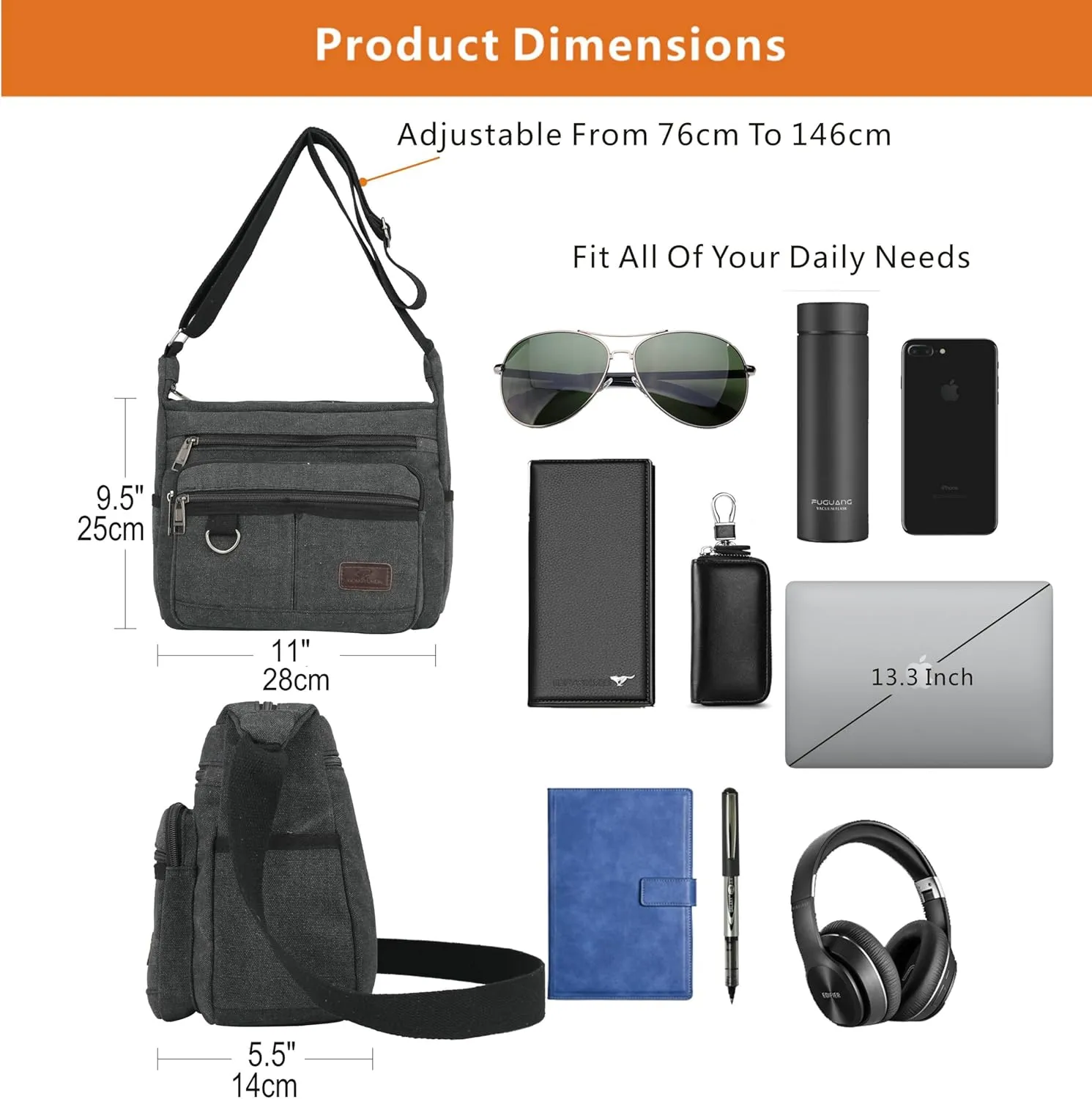 Rfid Crossbody Messenger Bag with Water Bottle Holders, 13 inch Laptop Shoulder Bag, Sling Satchel Purse w/Built-in Wallet