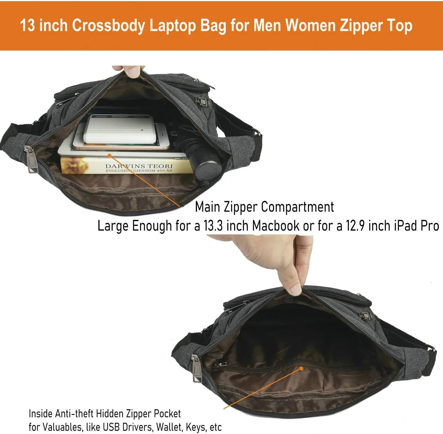 Rfid Crossbody Messenger Bag with Water Bottle Holders, 13 inch Laptop Shoulder Bag, Sling Satchel Purse w/Built-in Wallet