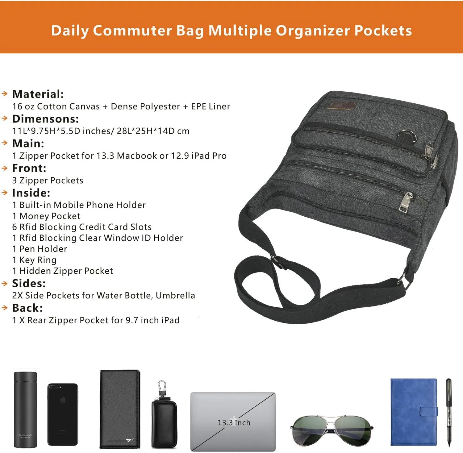 Rfid Crossbody Messenger Bag with Water Bottle Holders, 13 inch Laptop Shoulder Bag, Sling Satchel Purse w/Built-in Wallet