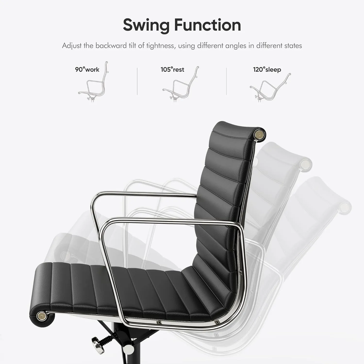 Ribbed Office Chair, Top Black Grain Leather, Mid Back, Swivel Chair Adjustable Ergonomic Computer Desk Chair with Aluminium Alloy Frame and Silent Nylon Wheels