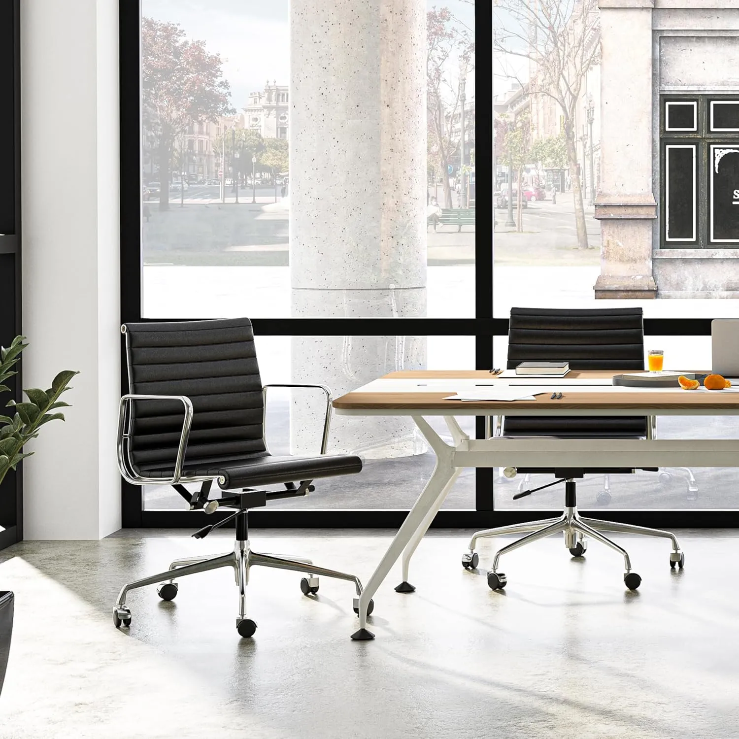 Ribbed Office Chair, Top Black Grain Leather, Mid Back, Swivel Chair Adjustable Ergonomic Computer Desk Chair with Aluminium Alloy Frame and Silent Nylon Wheels