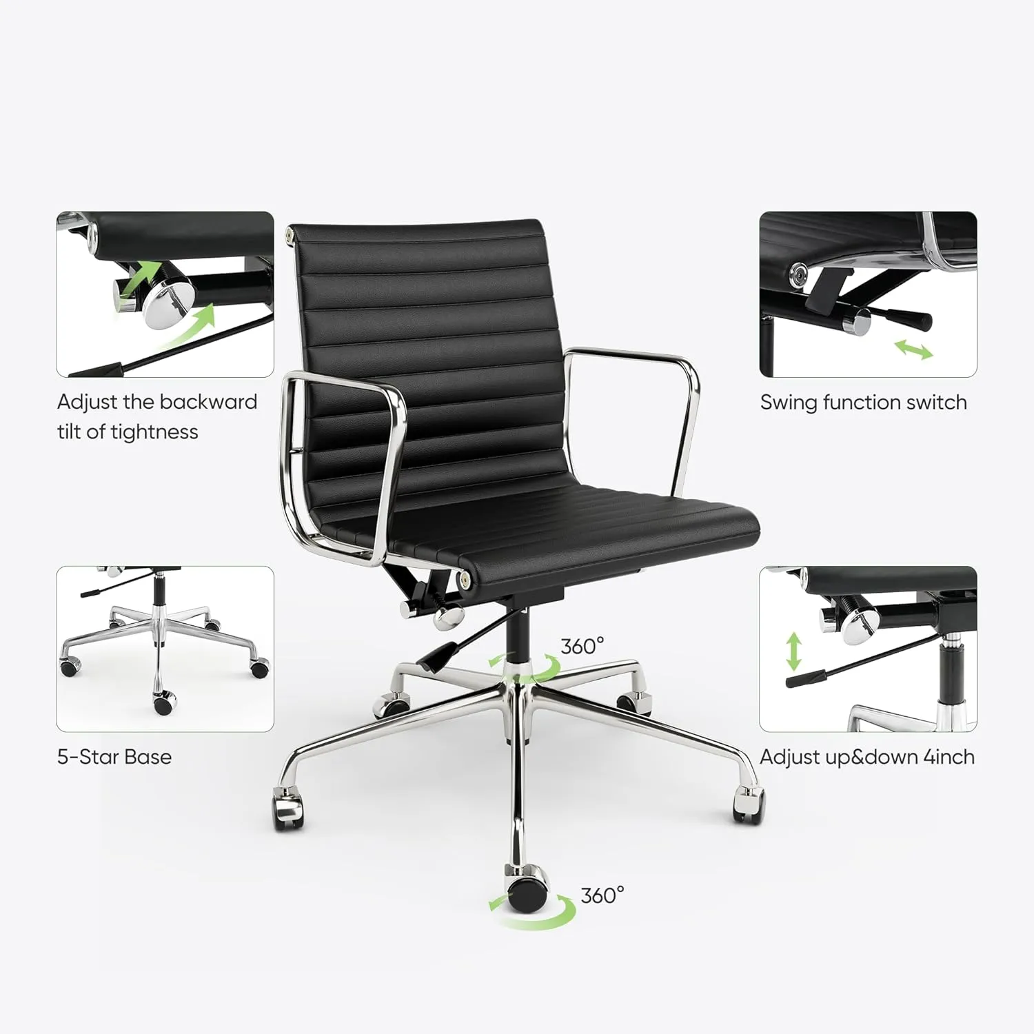 Ribbed Office Chair, Top Black Grain Leather, Mid Back, Swivel Chair Adjustable Ergonomic Computer Desk Chair with Aluminium Alloy Frame and Silent Nylon Wheels