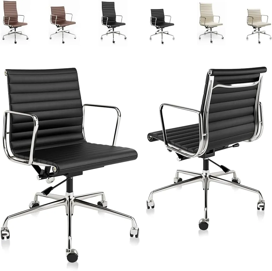 Ribbed Office Chair, Top Black Grain Leather, Mid Back, Swivel Chair Adjustable Ergonomic Computer Desk Chair with Aluminium Alloy Frame and Silent Nylon Wheels