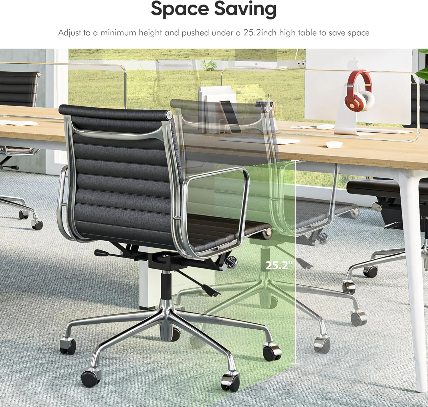 Ribbed Office Chair, Top Black Grain Leather, Mid Back, Swivel Chair Adjustable Ergonomic Computer Desk Chair with Aluminium Alloy Frame and Silent Nylon Wheels