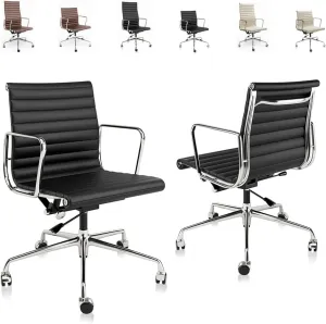 Ribbed Office Chair, Top Black Grain Leather, Mid Back, Swivel Chair Adjustable Ergonomic Computer Desk Chair with Aluminium Alloy Frame and Silent Nylon Wheels