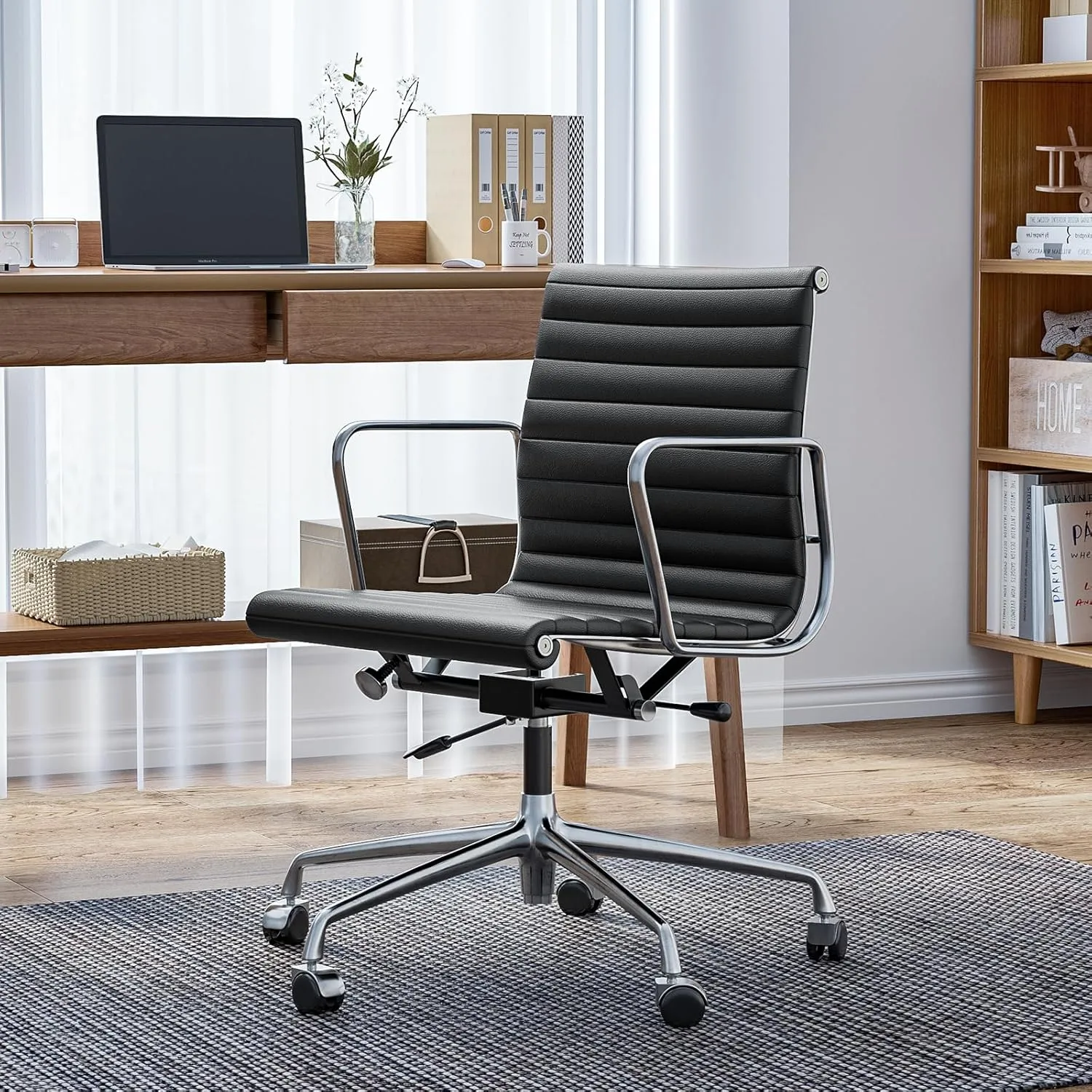 Ribbed Office Chair Top Grain Leather Desk Chair Mid Back Genuine Leather Swivel Chairs with Aluminum Alloy Arms & Base, with Silent Nylon Wheels, High Adjustable and Tilting Function, Black