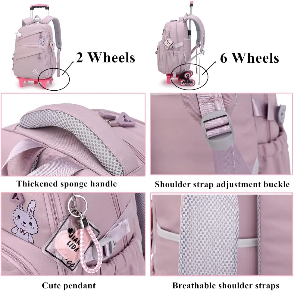 Rolling Backpack for Girls Trolley BookBag with Wheels Elementary and Middle School Luggage Travel Bag