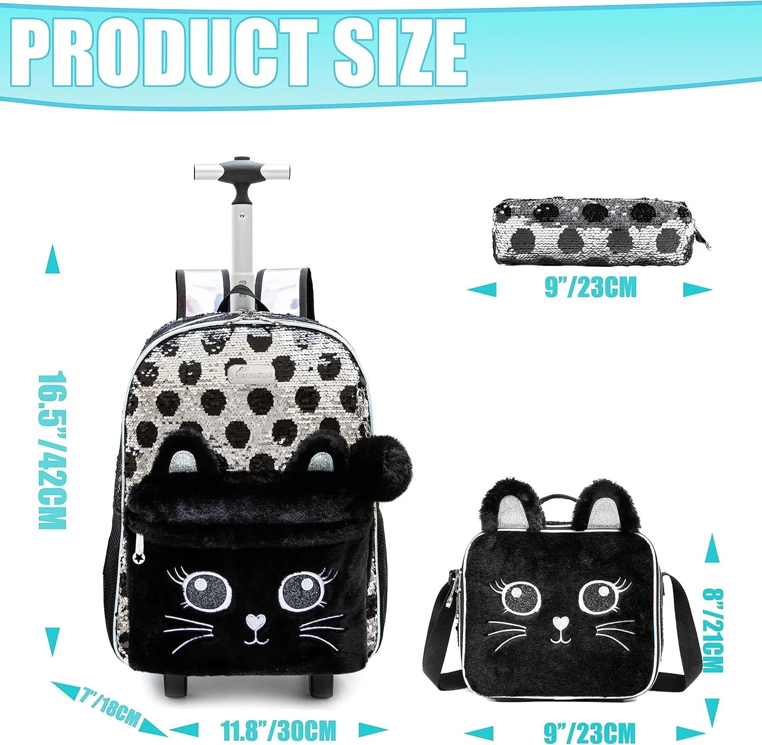 Rolling Backpack for Girls with Wheels, Lunch Box and Pencil Bag, Adjustable Length, Sequins, School Travel Picnic