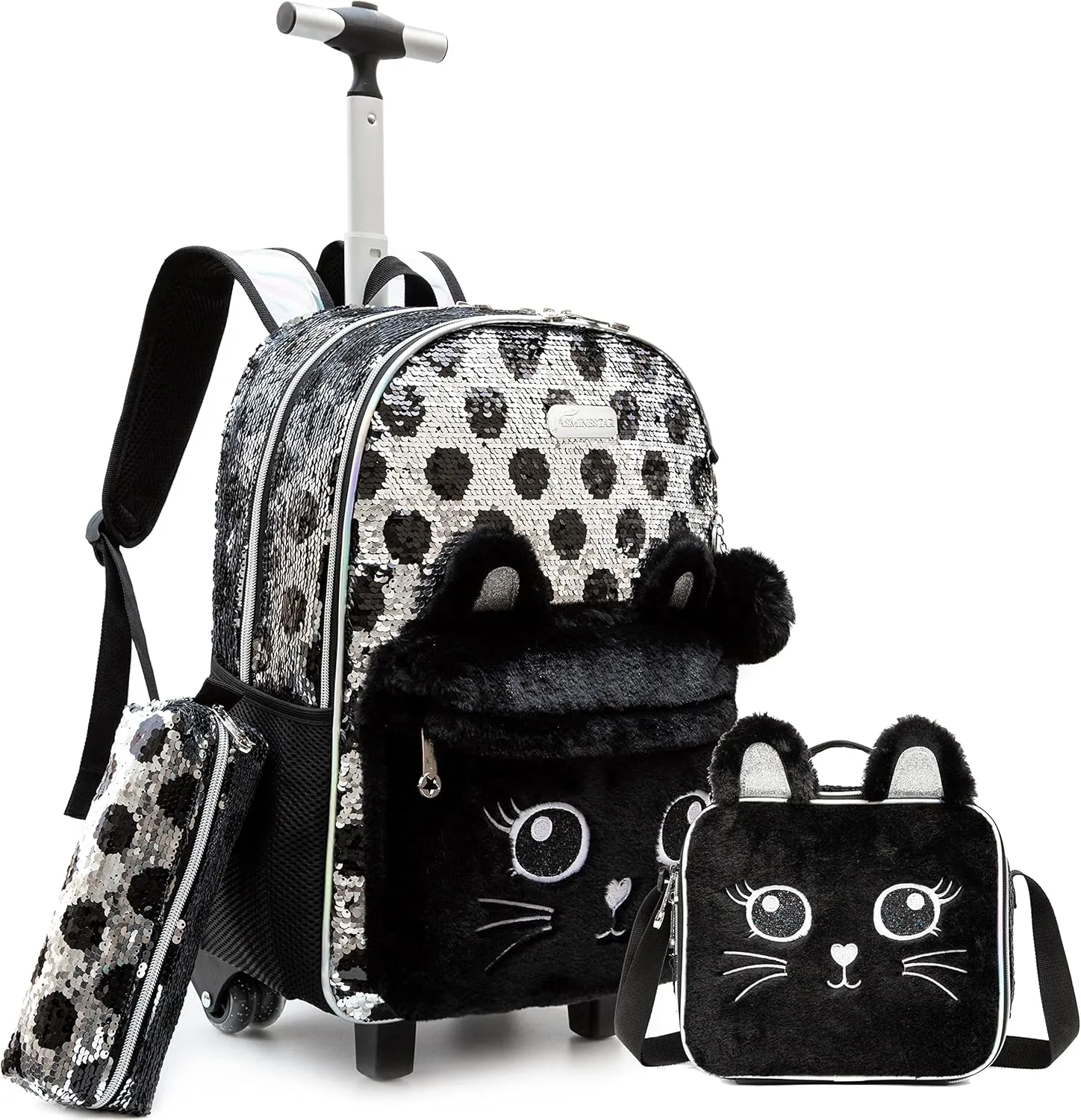 Rolling Backpack for Girls with Wheels, Lunch Box and Pencil Bag, Adjustable Length, Sequins, School Travel Picnic
