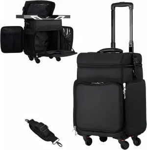 Rolling Makeup Case,Makeup Case Organizer with 2 trays and 4 Removable Silent Wheel, Professional Makeup Train Case with Wheels,Suitable for Makeup, Hairstylist and Nail Salon (Black)