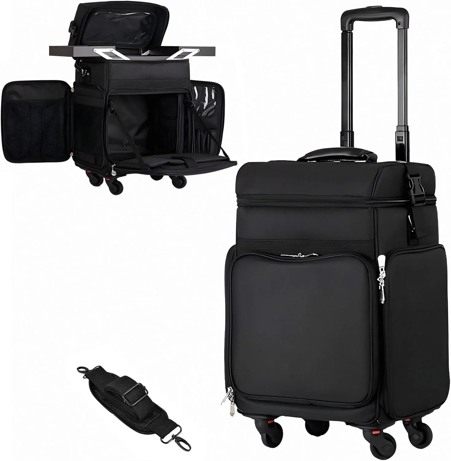 Rolling Makeup Case,Makeup Case Organizer with 2 trays and 4 Removable Silent Wheel, Professional Makeup Train Case with Wheels,Suitable for Makeup, Hairstylist and Nail Salon (Black)