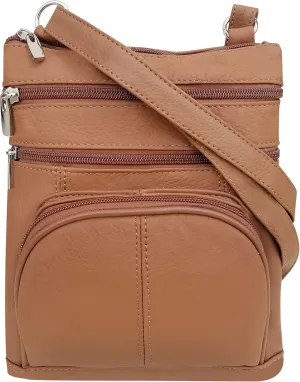 Roma Leathers Genuine Cross Body Purse Bag, Multi-Pocket (Light Brown)