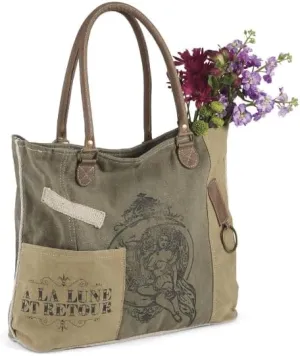 SAGEFINDS To the Moon and Back Canvas Bag | French Goddess Image | Handbag for Women | 9” Long Leather Handles | Zip Top | Purse 18” x 13”