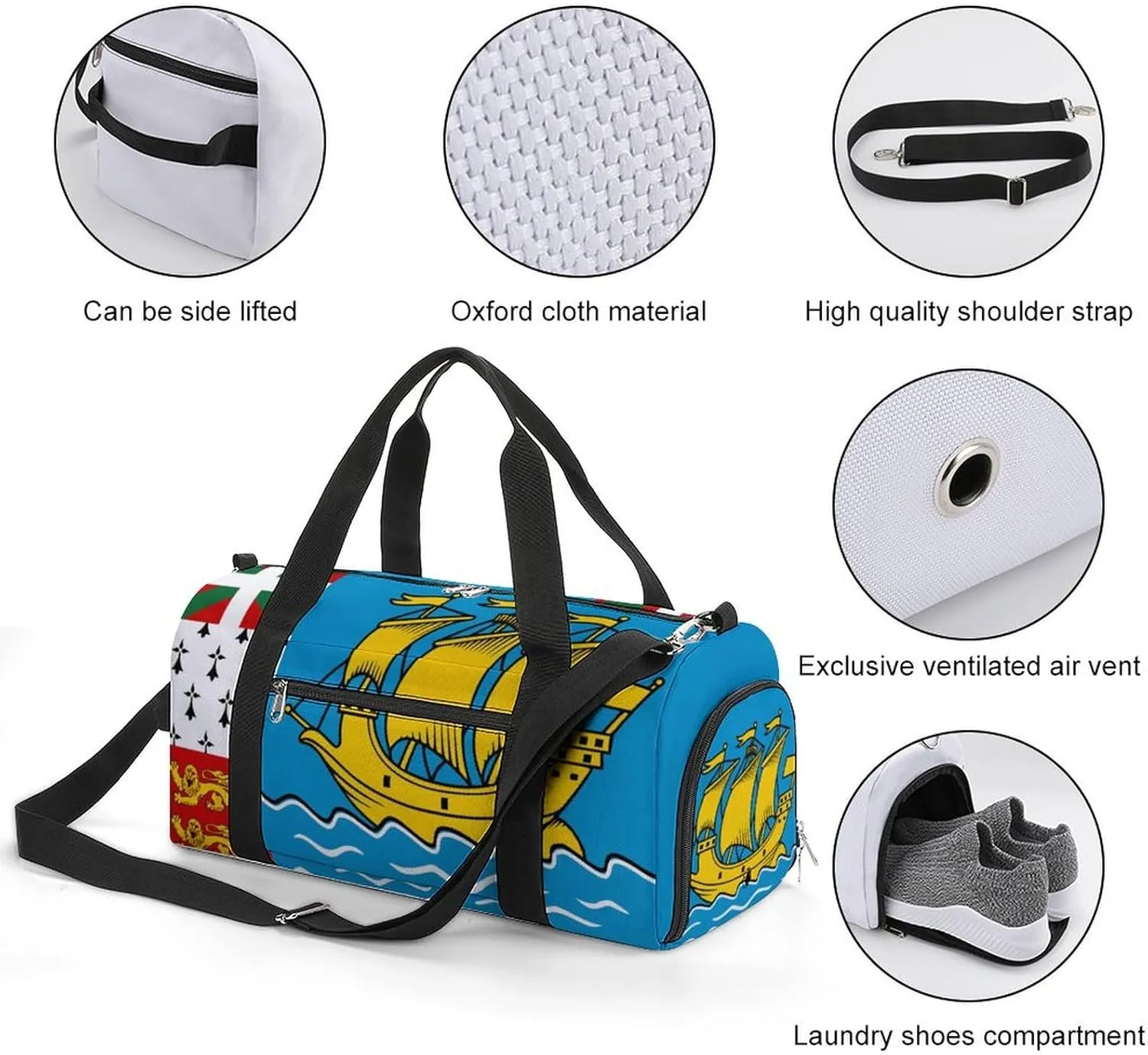 Saint Pierre Miquelon Flag Duffel for Boys Girls with Shoe Compartment and Wet Pocket