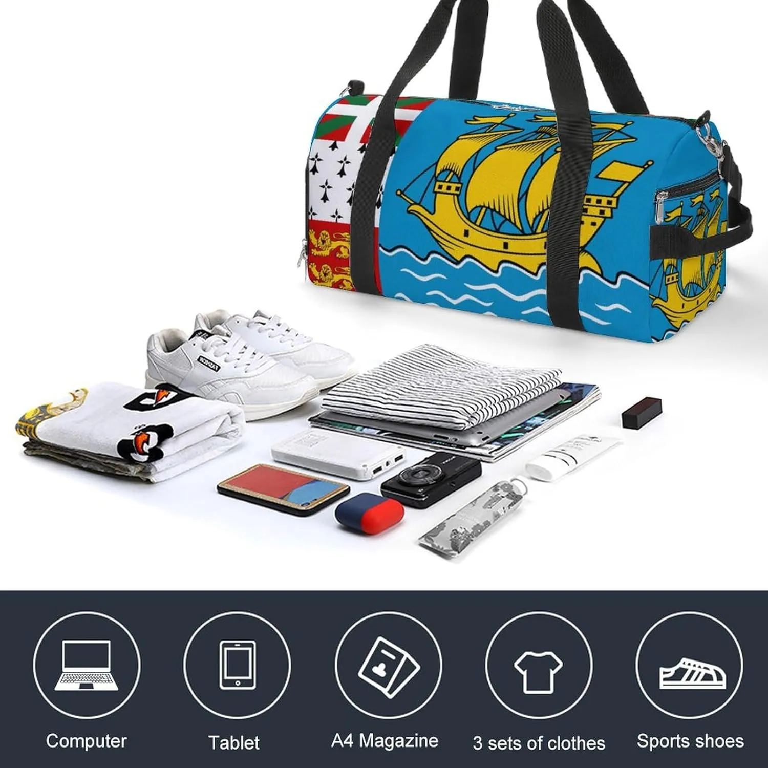 Saint Pierre Miquelon Flag Duffel for Boys Girls with Shoe Compartment and Wet Pocket