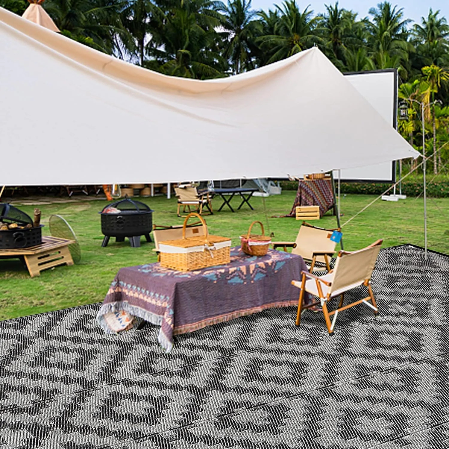 SAND MINE Waterproof Outdoor Rug 6x9 ft, Plastic Reversible Rug, Modern Area Rug, Large Floor Mat for Outdoors, RV, Patio, Backyard, Deck, Picnic, Beach, Camping, Black Grey Lattice