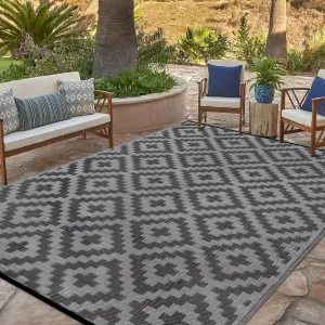 SAND MINE Waterproof Outdoor Rug 6x9 ft, Plastic Reversible Rug, Modern Area Rug, Large Floor Mat for Outdoors, RV, Patio, Backyard, Deck, Picnic, Beach, Camping, Black Grey Lattice