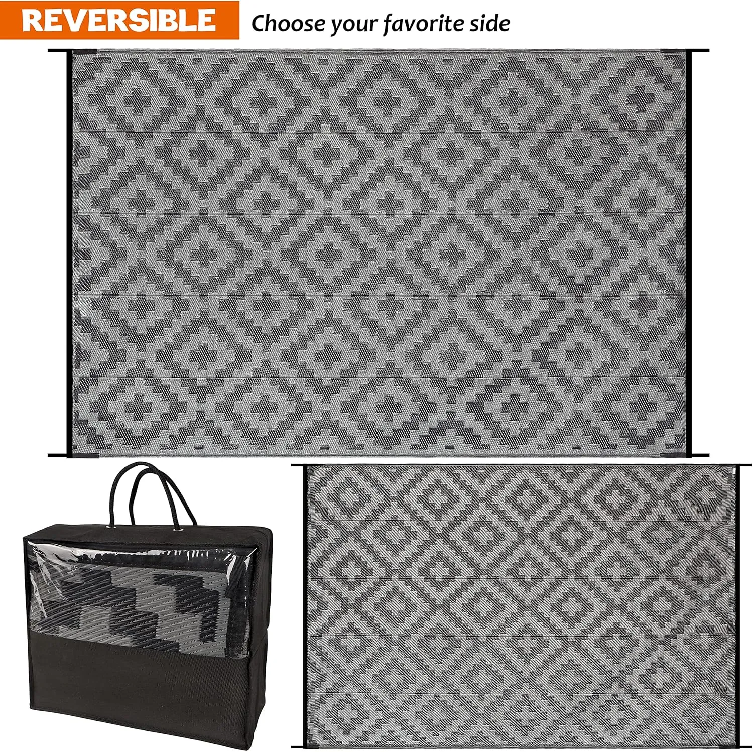 SAND MINE Waterproof Outdoor Rug 6x9 ft, Plastic Reversible Rug, Modern Area Rug, Large Floor Mat for Outdoors, RV, Patio, Backyard, Deck, Picnic, Beach, Camping, Black Grey Lattice