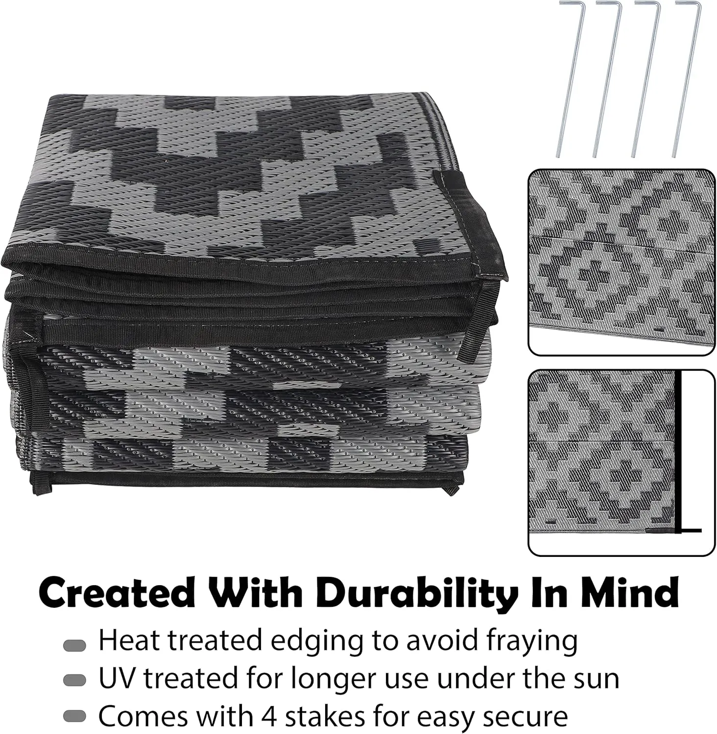 SAND MINE Waterproof Outdoor Rug 6x9 ft, Plastic Reversible Rug, Modern Area Rug, Large Floor Mat for Outdoors, RV, Patio, Backyard, Deck, Picnic, Beach, Camping, Black Grey Lattice