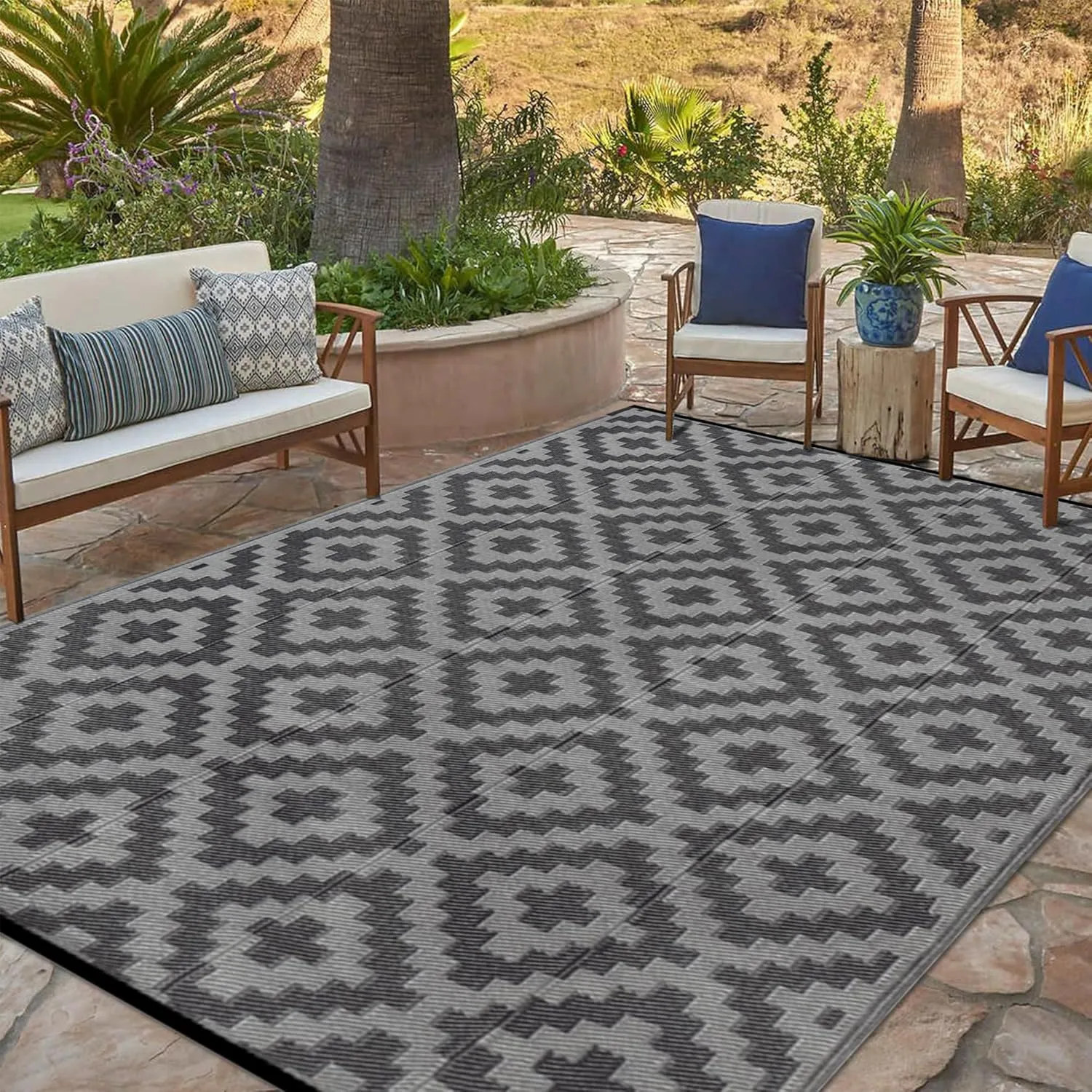 SAND MINE Waterproof Outdoor Rug 6x9 ft, Plastic Reversible Rug, Modern Area Rug, Large Floor Mat for Outdoors, RV, Patio, Backyard, Deck, Picnic, Beach, Camping, Black Grey Lattice