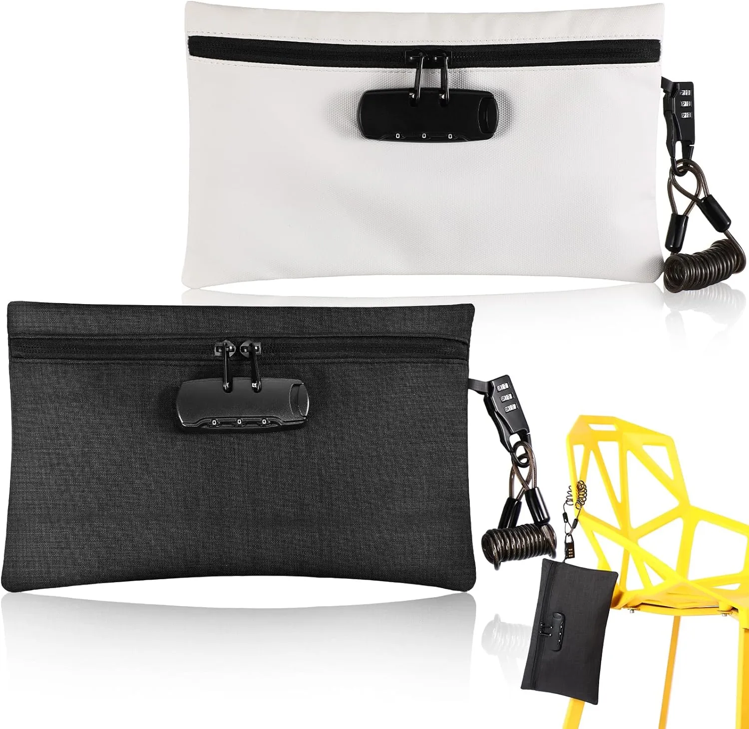 Sanwuta 2 Pack Money Bag with Lock Small Locking Money Bag for Beach Cash Wallet, 6.7 x 11 Inch(Black, White)