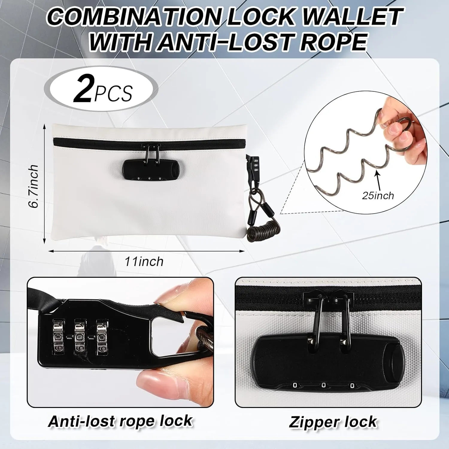 Sanwuta 2 Pack Money Bag with Lock Small Locking Money Bag for Beach Cash Wallet, 6.7 x 11 Inch(Black, White)