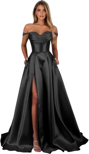 Satin Prom Dress for Women Off The Shoulder Formal Evening Dresses with Slit Sweetheart Ball Gown AD085