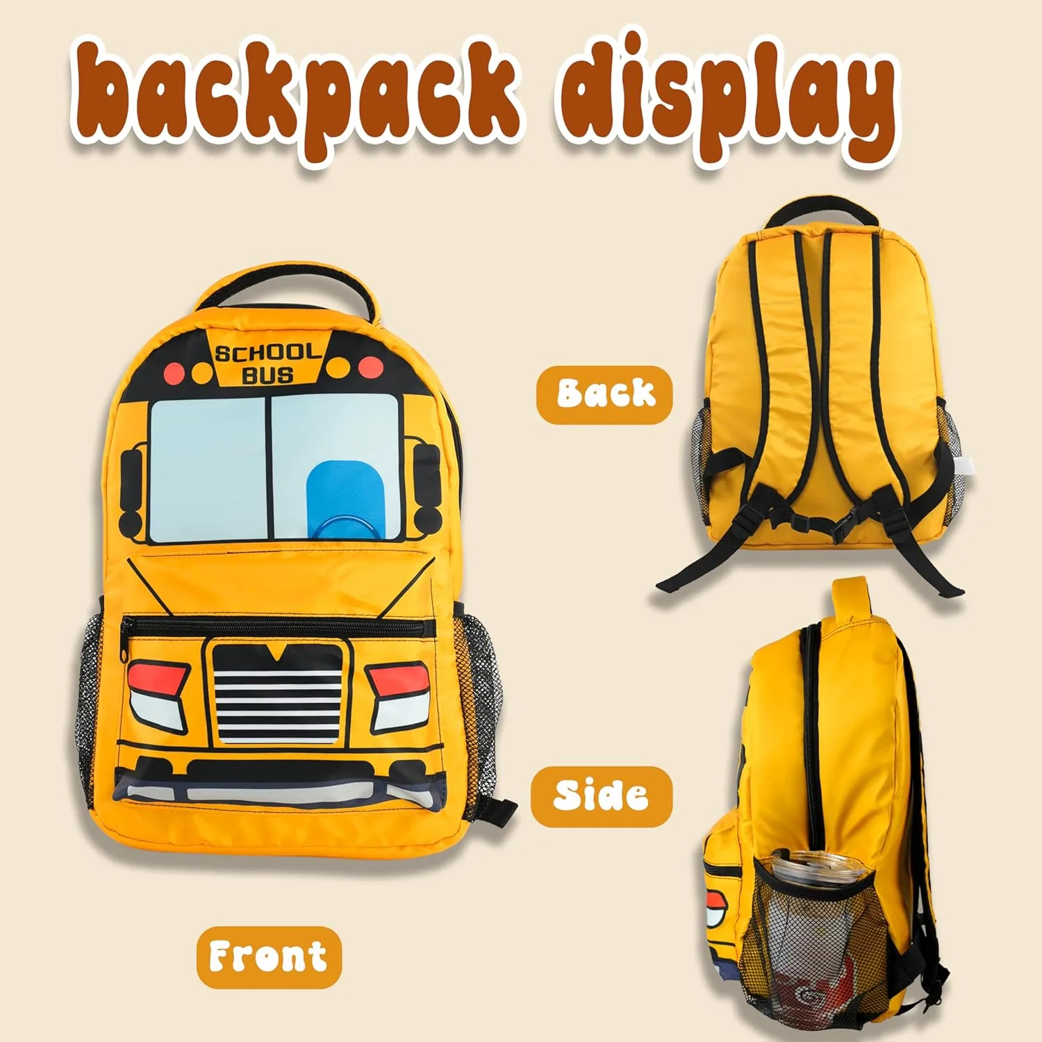 School Bus Backpack Cartoon Fun and Functional Backpack for School Work and Travel 17 Inch (yellow)