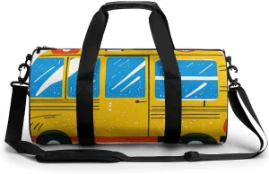 School Bus Print Cylindrical Gym Bag Travel Duffel Bag with Dry Wet Separated Pocket for Men And Women Overnight Bag Weekender Bag Training Handbag Yoga Bag