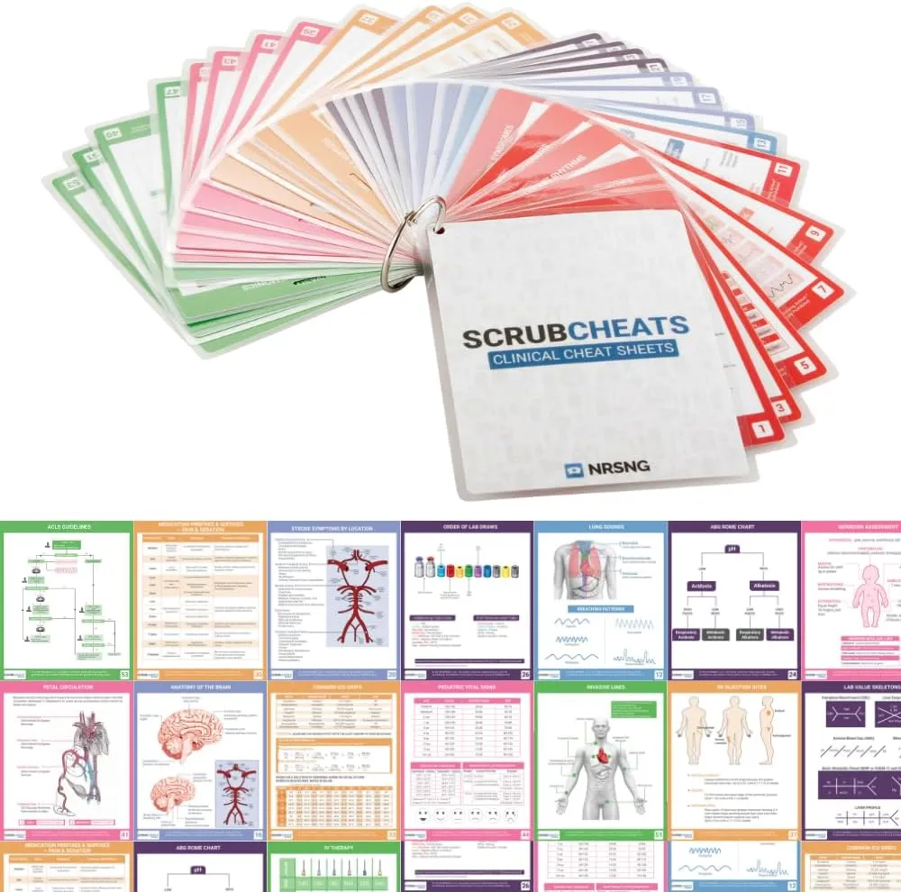 Scrubcheats 56 Laminated Nursing Reference Cards 4X6 Fits in Scrub Pocket | MedSurg, Critical Care, Pharmacology, OB/Peds, Respiratory, Cardiac, Fundamentals Waterproof Nursing Cheatsheets Multi