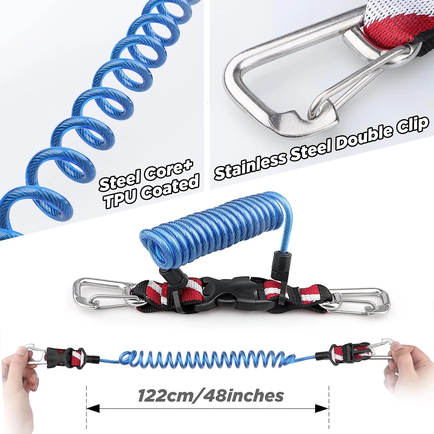 Scuba Retractable Lanyard, Stainless Steel Double-Clips and Spiral Core Anti-Lost Lanyard with Quick-Release Buckle