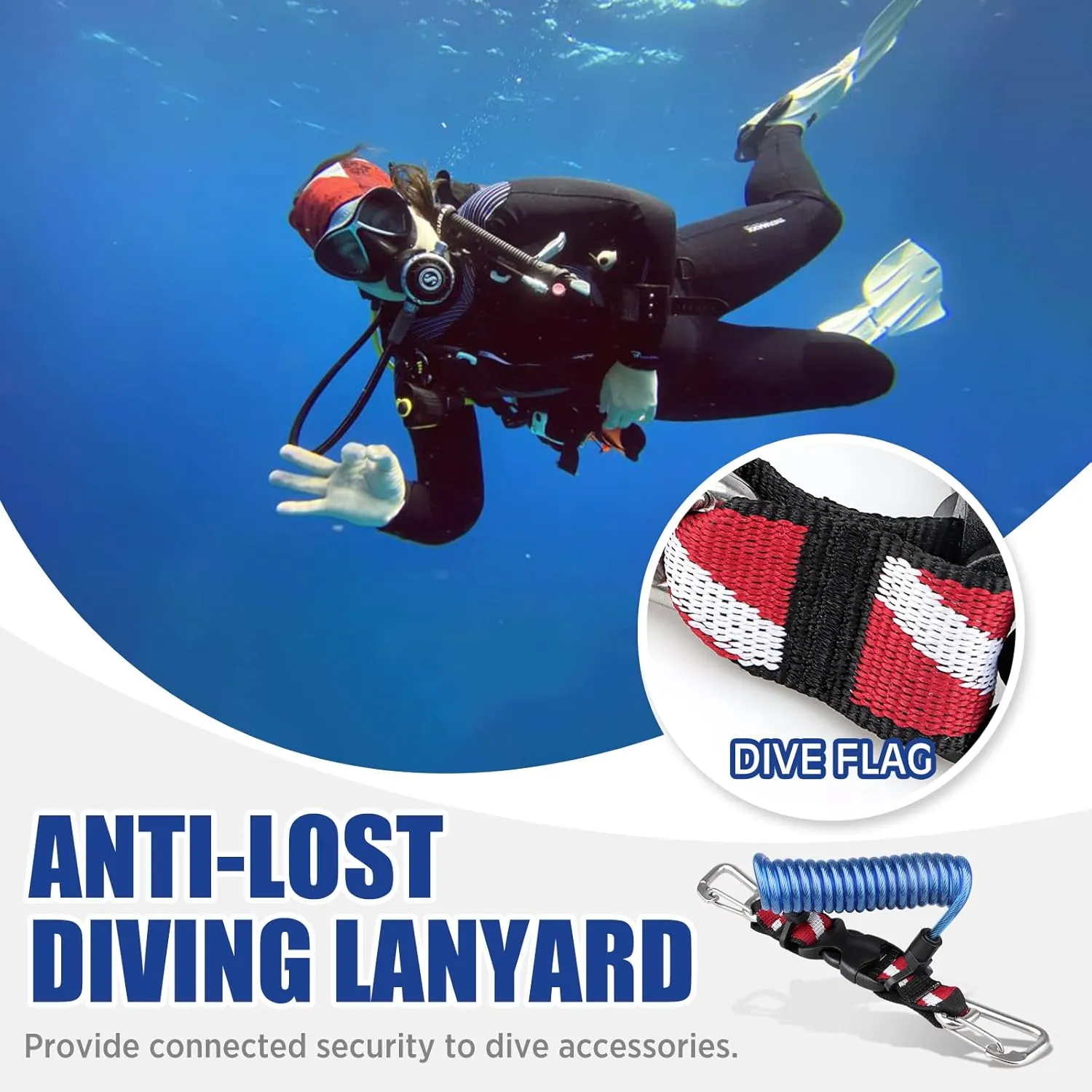 Scuba Retractable Lanyard, Stainless Steel Double-Clips and Spiral Core Anti-Lost Lanyard with Quick-Release Buckle
