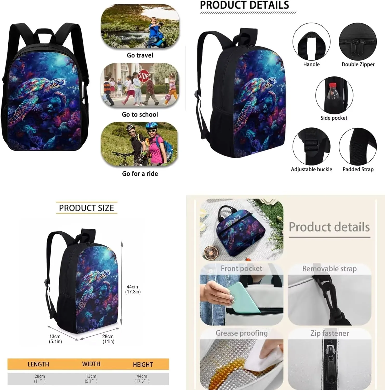 Sea Turtle Kids Backpack for School Girls Boys, 17 Inch School Bookbag with Lunch Box Pencil Case, Cute Animal School Bag Set Back to School Gift for Kids, Blue