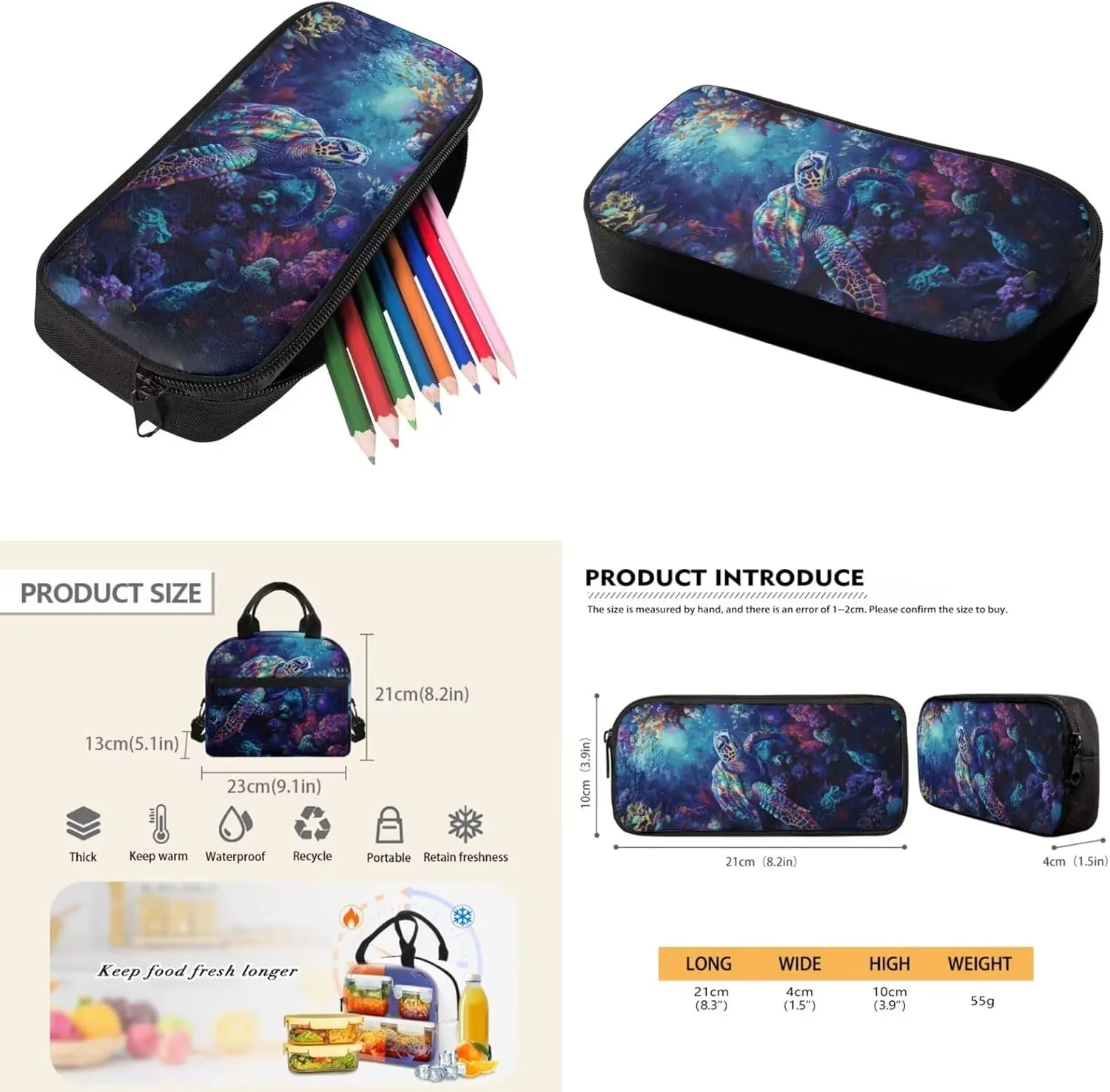 Sea Turtle Kids Backpack for School Girls Boys, 17 Inch School Bookbag with Lunch Box Pencil Case, Cute Animal School Bag Set Back to School Gift for Kids, Blue