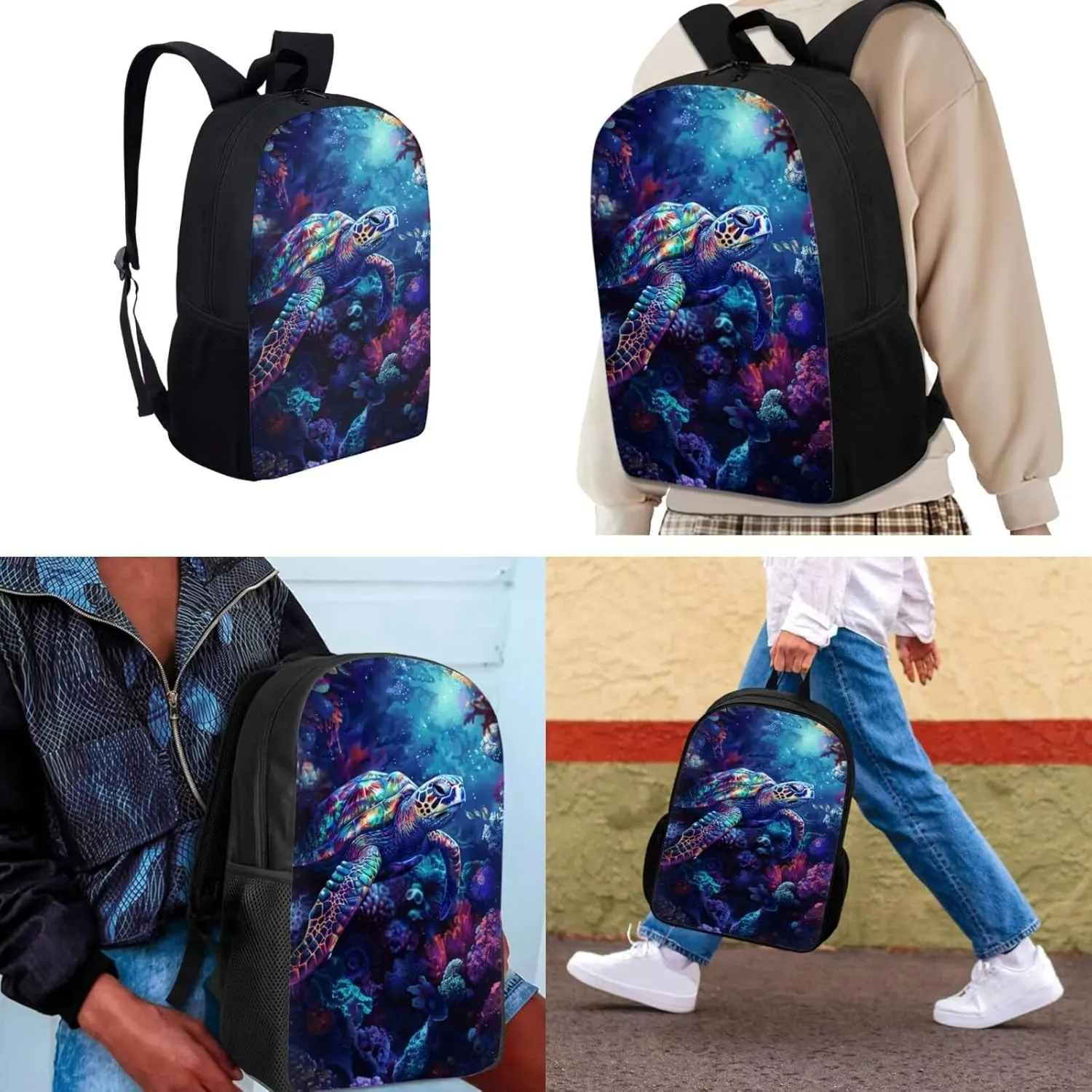Sea Turtle Kids Backpack for School Girls Boys, 17 Inch School Bookbag with Lunch Box Pencil Case, Cute Animal School Bag Set Back to School Gift for Kids, Blue