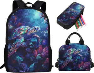 Sea Turtle Kids Backpack for School Girls Boys, 17 Inch School Bookbag with Lunch Box Pencil Case, Cute Animal School Bag Set Back to School Gift for Kids, Blue