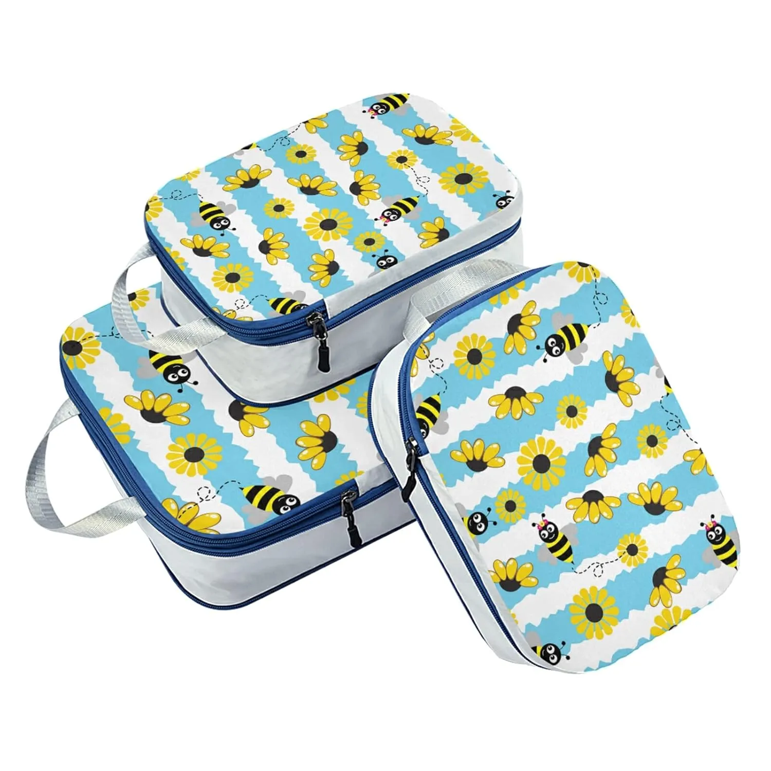 Seamless Pattern with Bee, Yellow Sunflowers on Blue White Stripes 3 Piece set Cubes Expandable Adjustable Luggage Packing Bags, Ultralight Organizer Accessories Travel Suitcase Compressible Bags