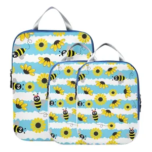 Seamless Pattern with Bee, Yellow Sunflowers on Blue White Stripes 3 Piece set Cubes Expandable Adjustable Luggage Packing Bags, Ultralight Organizer Accessories Travel Suitcase Compressible Bags