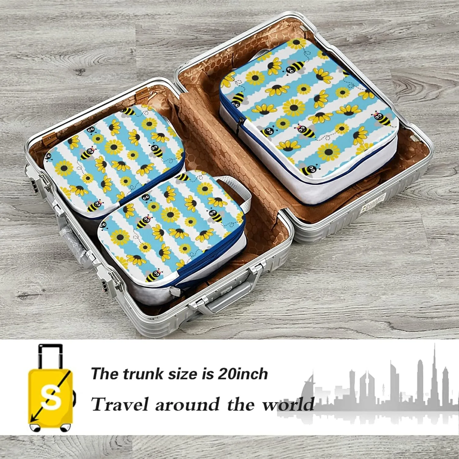 Seamless Pattern with Bee, Yellow Sunflowers on Blue White Stripes 3 Piece set Cubes Expandable Adjustable Luggage Packing Bags, Ultralight Organizer Accessories Travel Suitcase Compressible Bags