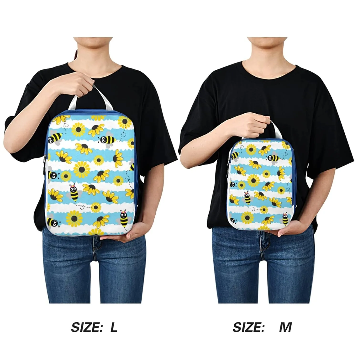 Seamless Pattern with Bee, Yellow Sunflowers on Blue White Stripes 3 Piece set Cubes Expandable Adjustable Luggage Packing Bags, Ultralight Organizer Accessories Travel Suitcase Compressible Bags