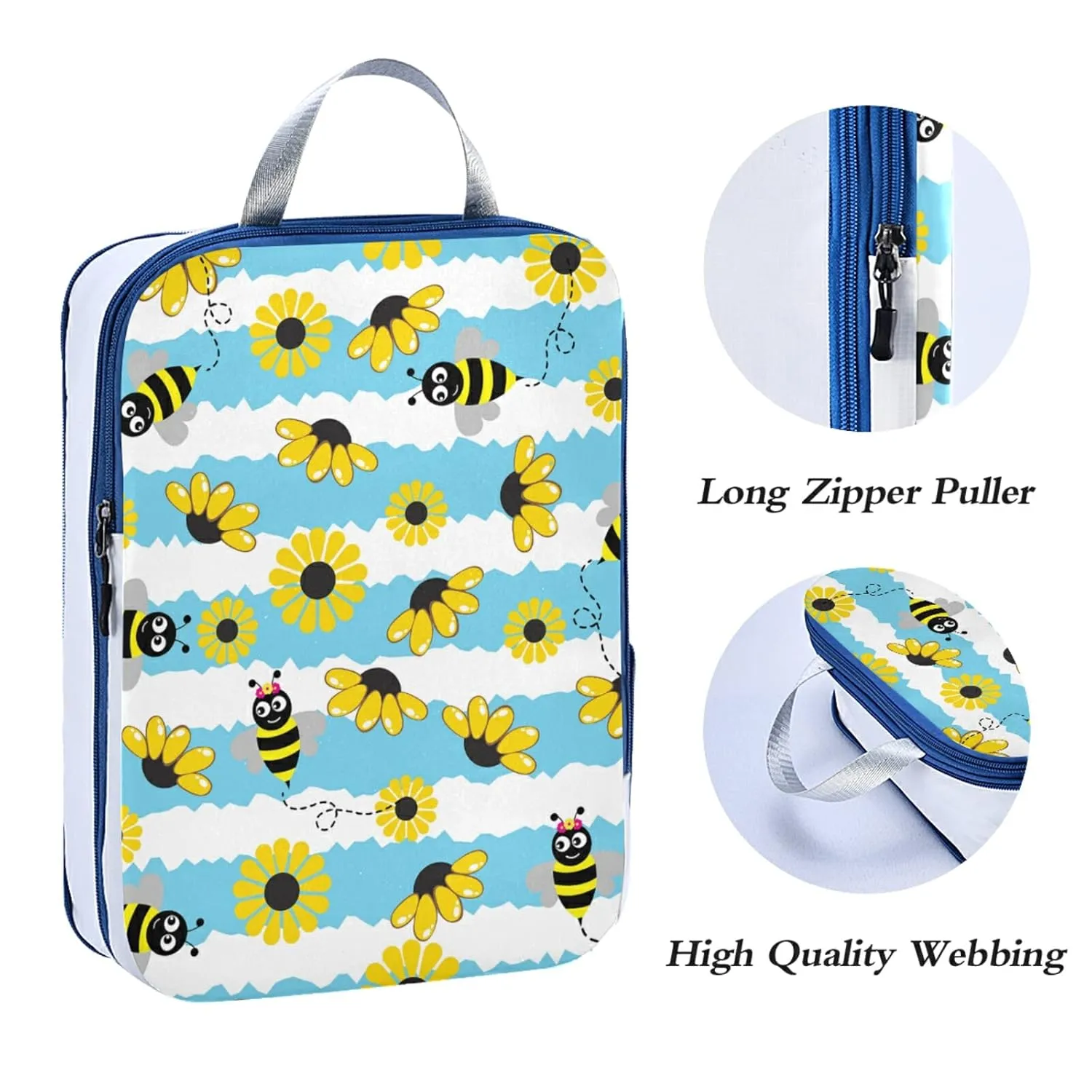 Seamless Pattern with Bee, Yellow Sunflowers on Blue White Stripes 3 Piece set Cubes Expandable Adjustable Luggage Packing Bags, Ultralight Organizer Accessories Travel Suitcase Compressible Bags