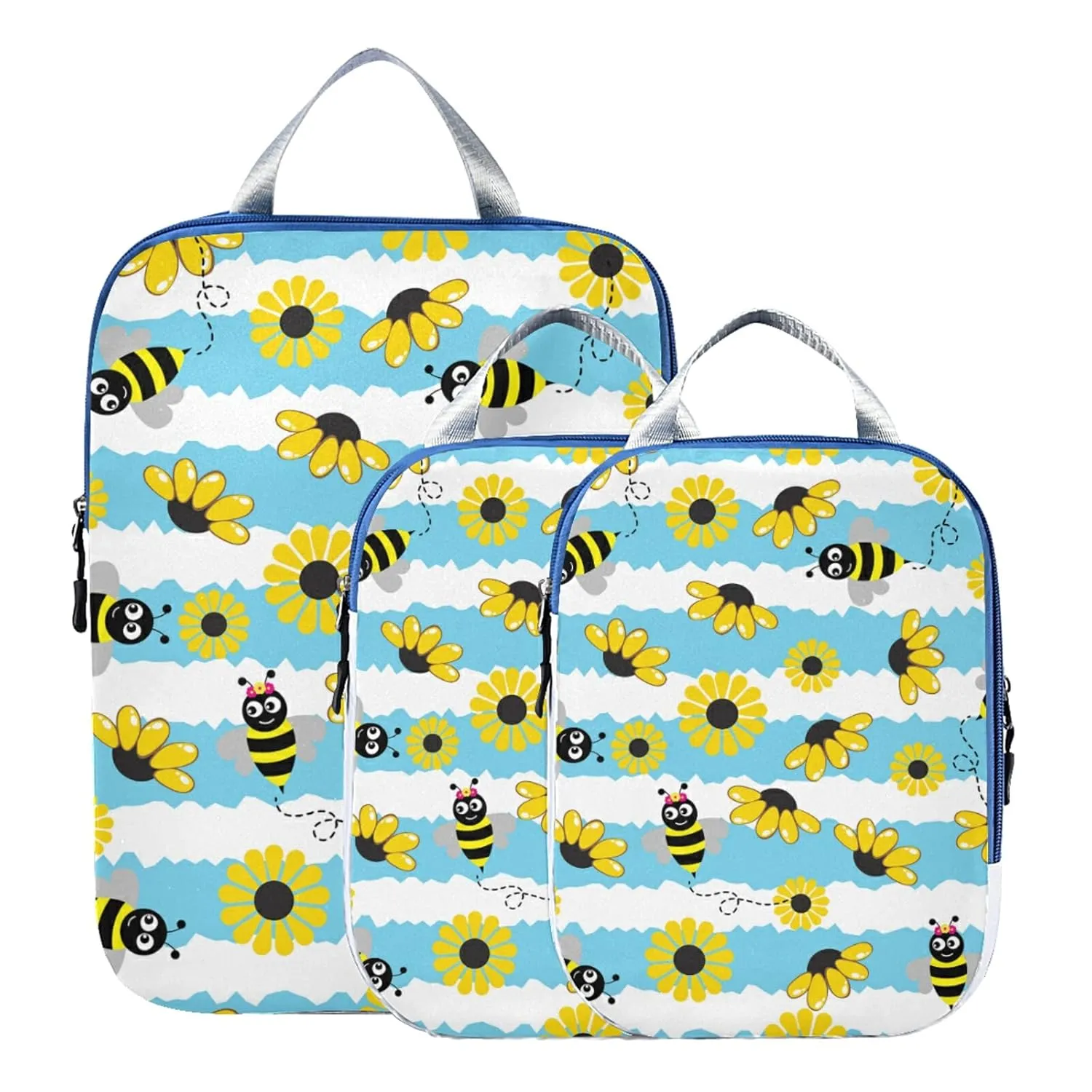 Seamless Pattern with Bee, Yellow Sunflowers on Blue White Stripes 3 Piece set Cubes Expandable Adjustable Luggage Packing Bags, Ultralight Organizer Accessories Travel Suitcase Compressible Bags