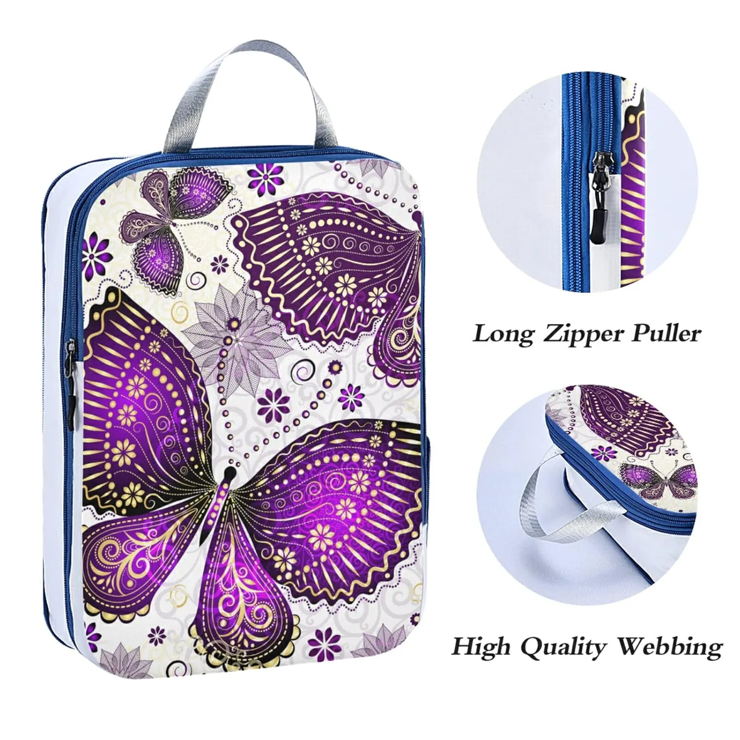 Seamless Purple Gold Butterflies and Floral Flowers on White 3 Piece set Cubes Expandable Adjustable Luggage Packing Bags, Ultralight Organizer Accessories Travel Suitcase Compressible Bags
