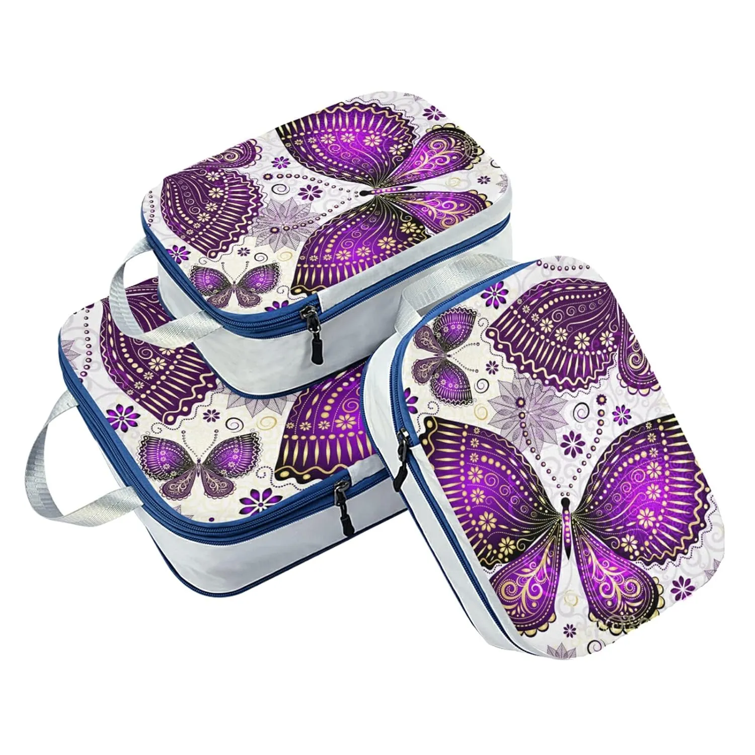 Seamless Purple Gold Butterflies and Floral Flowers on White 3 Piece set Cubes Expandable Adjustable Luggage Packing Bags, Ultralight Organizer Accessories Travel Suitcase Compressible Bags